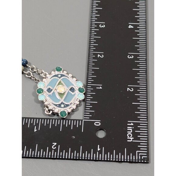 Lia Sophia Stained Glass Green Enamel Silver Tone Necklace Boho Tribal 22 in - Picture 9 of 9